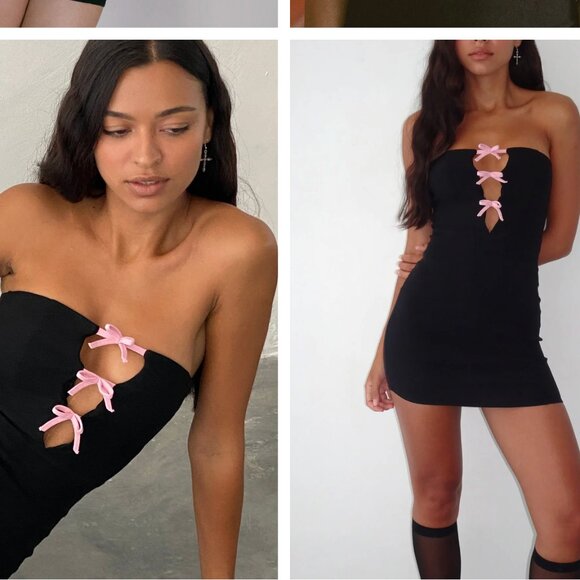 MOTEL ROCKS NOVARA MINI TUBE DRESS BLACK CUT OUT PINK BOWS XXS - Picture 1 of 4